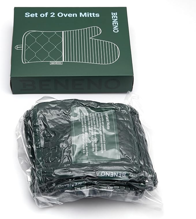 Beneno Kitchen Oven Mitts 2-Pack Heat Resistant to 500°F with Non-Slip Silicone Grip, Extra Long 14.3" Forearm Protection, Soft Quilted Cotton Terry Lining, Ideal for Cooking, Baking, Grilling, Green