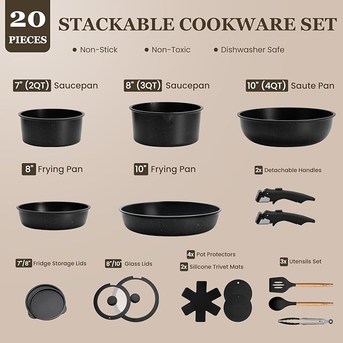 KIKCOIN 20 Pcs Pots and Pans Set Non Stick, Detachable Handle Cookware Sets Nonstick, Non Toxic Induction RV Kitchen Cooking Set with Removable Handles, Dishwasher/Oven Safe, Easy Clean (Black)