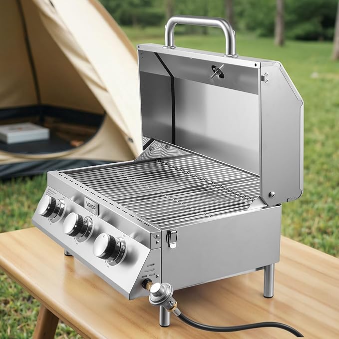 VEVOR Tabletop Gas Grill, 3-Burner Stainless Steel Portable Propane Grill, with Built-in Thermometer, Travel Locks, Weatherproof Lid, 22,500 BTU Total, for Outdoor Cooking, Patio, Party, Camping, RV