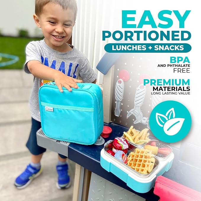kinsho Stainless Steel Bento Lunch Box Set for Kids Babies - Insulated Bag - Leak-Proof Metal Compartment Meal Prep Food & Snack Containers for Work Travel School Toddler Daycare 24 oz Baby Teal Blue