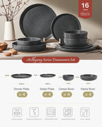 Famiware Milkyway Stoneware Dinnerware Sets with Pasta Bowls, Service for 4 (16 Pieces), Reactive Glaze Plates and Bowls Sets, Microwave and Dishwasher Safe Dishes Set, Matte Dark Charcoal