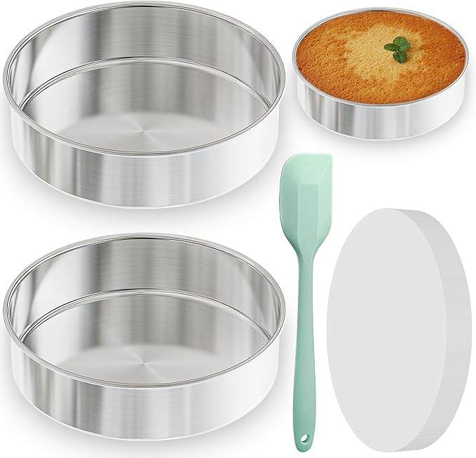 9½ Inch Round Cake Pan Set of 2, Nonstick Circle Stainless Steel Layer Cake Pans 9½ Inch Round with 100PCS Parchment Paper, Baking Pan Set for Birthday Christmas, Silicone Spatula & Dishwasher Safe