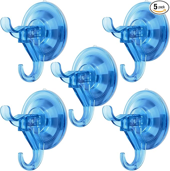 Antimbee Suction Hooks, 5 Pack Clear Hanger, Removable Small Suction Cups for Shower, Bathroom, Glass, Door, Windows, Kitchen - Up to 11 lbs on Smooth Surface - 2 Hooks Design (Transparent Blue)