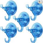 Antimbee Suction Hooks, 5 Pack Clear Hanger, Removable Small Suction Cups for Shower, Bathroom, Glass, Door, Windows, Kitchen - Up to 11 lbs on Smooth Surface - 2 Hooks Design (Transparent Blue)