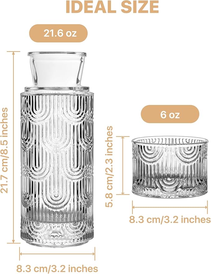 Bedside Water Carafe and Glass Set, Mouthwash Dispenser for Bathroom, 21.6 Oz Glass Water Bottles with 6 Oz Drinking Cup as Lid, Pitcher for Nightstand, Kitchen (Clear)