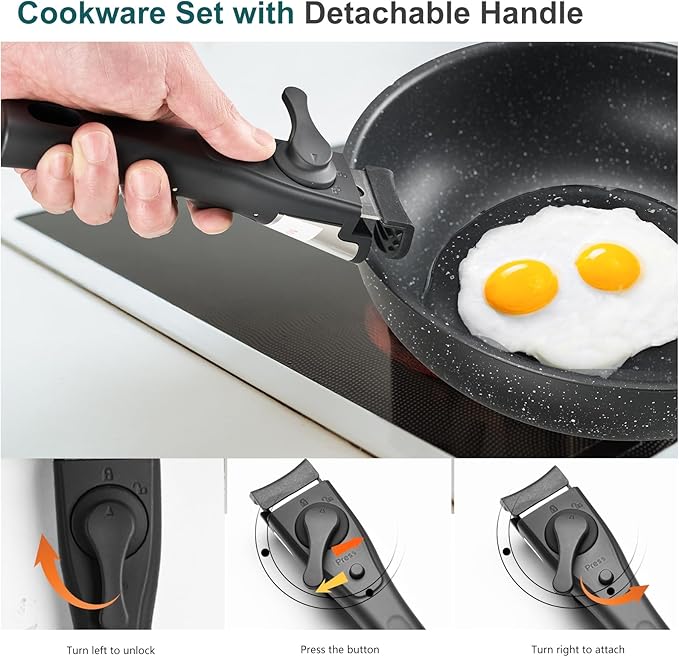 NEWBULIG 12-Piece Nonstick Kitchen Cookware Set, Pots and Pans with Detachable Handle, Induction Compatible, Dishwasher & Oven Safe, Space-Saving, Black