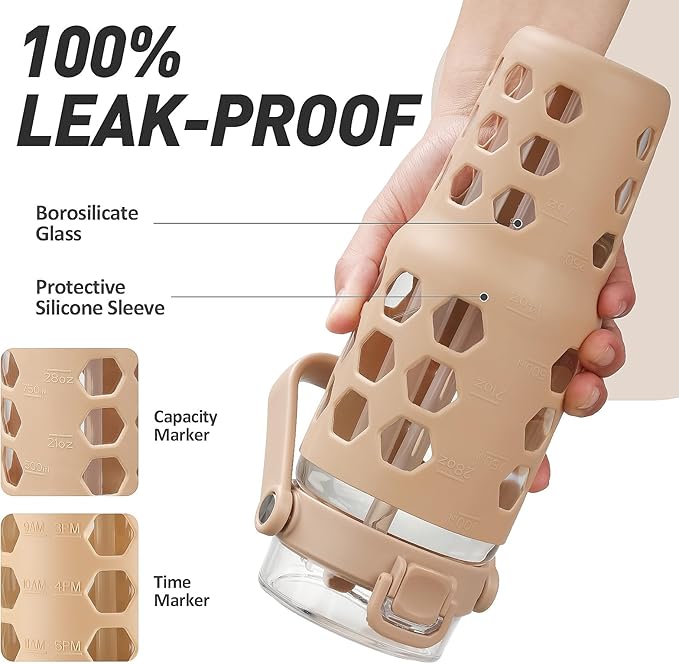 MUKOKO 32 oz Glass Tumbler with Straw,Glass Water Bottles with Time Marker,Iced Coffee Cup with Silicone Sleeve,Motivational Drinking Bottles,Leakproof-Amber