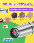 Rongyuxuan Gravity Electri Salt and Pepper Mill Set,Pepper Grinder with Ceramic Rotor,Acrylic Container,Stainless Steel Middle,Blue LED Light,Battery Powered,Adjustable Coarseness,One Hand Use,Sliver