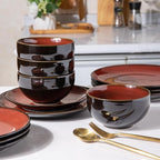 LERATIO Ceramic Dinnerware Sets for 8,Stoneware Plates and Bowls Sets,Handmade Reactive Glaze Dishes Set,Chip Resistant and Scratch Resistant | Oven&Dishwasher & Microwave Safe-Red (24PCS)