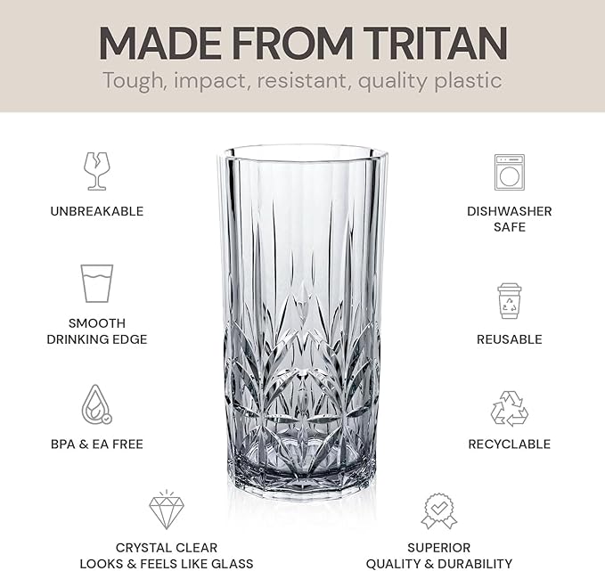 BELLAFORTE Shatterproof Tritan Tall Tumbler Set of 4, 18oz - Myrtle Beach Drinking Glasses - Unbreakable Plastic Glasses Drinking for Gift, Party, New Year - BPA Free - Dishwasher Safe - Smoke Gray