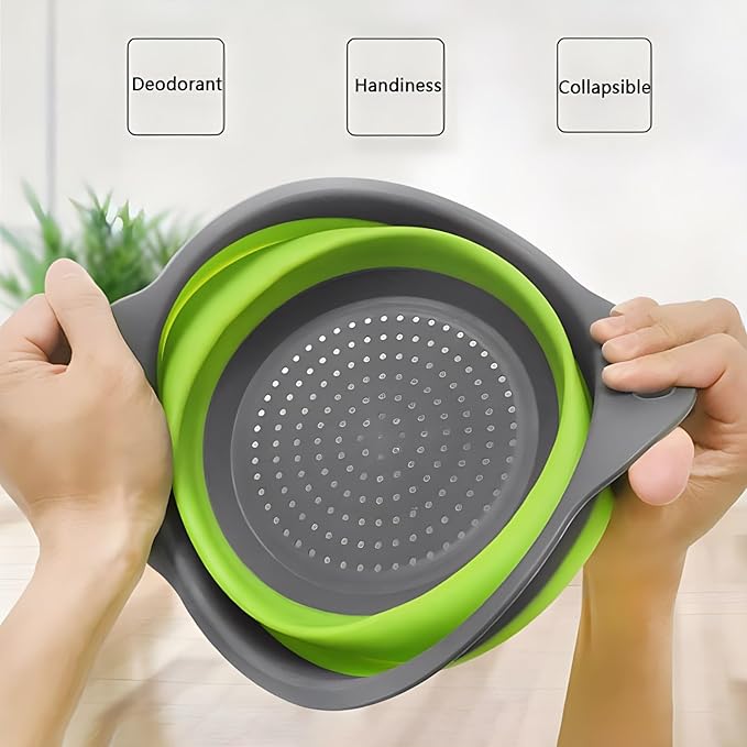 Silicone Colander Collapsible Strainers Set for Kitchen- 3 Pack (3Qt, 4Qt, 5Qt) -Over Home Draining Basket, Food Vegetables & Fruits-Dishwasher Safe, Space Saving Design (Green, Blue, Red)