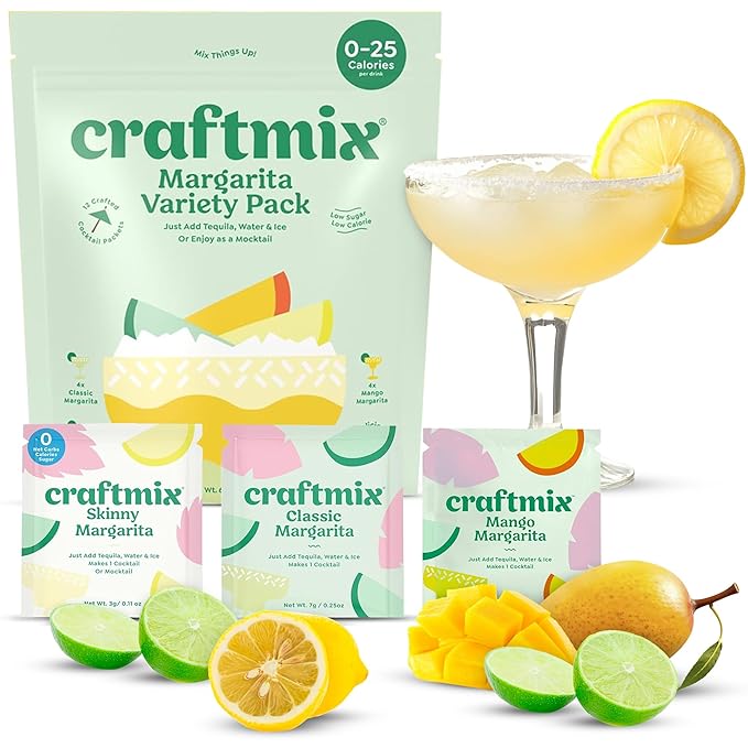 Craftmix Margarita Variety Pack, Makes 24 Drinks, Skinny Cocktail Mixers, Instant Mix Mocktail Kit, Real Fruit, Vegan Low Carb Non-GMO, Dairy Free, Gluten Free, Easy to Mix