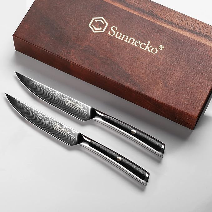 Sunnecko Damascus Steak Knife Set Non Serrated, Japanese VG10 Stainless Steel Steak Knife and Fork Set of 2, 5 Inch Steak Knives G10 Handle with Gift Box