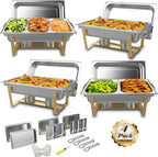 Chafing Dishes for Buffet 4 Pack,Festa Essential 8QT Elegant Gold&Silver Stainless Steel Rectangular Catering Chafers Food Warmer with Full,Half,1/3 Food Pan,Fuel Holder,Foldable Frame For Any Party