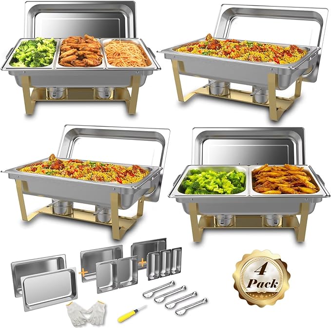 Chafing Dishes for Buffet 4 Pack,Festa Essential 8QT Elegant Gold&Silver Stainless Steel Rectangular Catering Chafers Food Warmer with Full,Half,1/3 Food Pan,Fuel Holder,Foldable Frame For Any Party