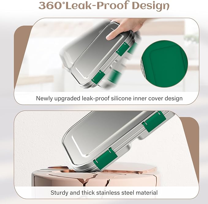 Stainless Steel Bento Box Kids, 3 Compartments Leak Proof Metal Bento Lunch Box, 304 Stainless Steel Bento Lunch Containers for School and Office,Dishwasher Safe, BPA-Free-Green