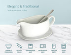 Kook Gravy Boat & Saucer, Ceramic Serving Dish, Dispenser with Tray for Sauces, Dressings and Creamer, Large Handle, Microwave and Dishwasher Safe, White 23.8 oz (Gravy Boat with Spoon)