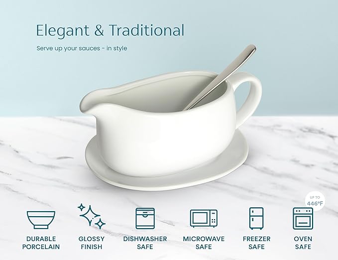 Kook Gravy Boat & Saucer, Ceramic Serving Dish, Dispenser with Tray for Sauces, Dressings and Creamer, Large Handle, Microwave and Dishwasher Safe, White 23.8 oz (Gravy Boat with Spoon)