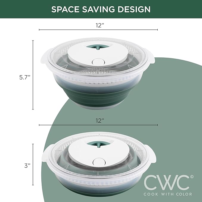 COOK WITH COLOR Collapsible Salad Spinner - 4 QT Space Saving Lettuce Dryer with Folding Collapsible Colander Great for Washing and Drying Fruit and Vegetables (Sage)