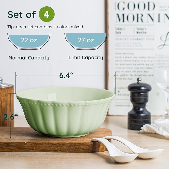 Ceramic Soup Serving Bowls for Kitchen, 6.4 Inch, Set of 4, Cereal Bowl Porcelain, Oven & Microwave Safe, Mixing Color