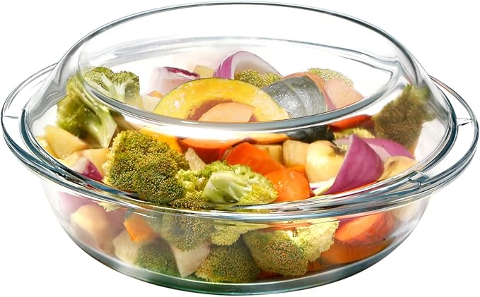 Mini-9 inch (60 OZ) Round Glass Casserole Dish With Lid, Round Oven Safe Glass Bakeware with Handles （1.9 QT）