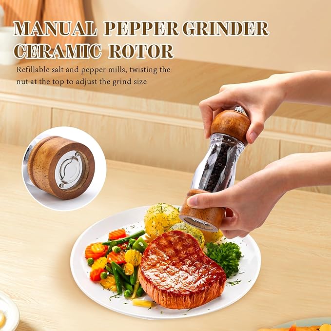 Vintage Wooden Pepper Mill Grinder- 6.3 inches Acrylic Salt & Pepper Shakers with Adjustable Coarseness, Refillable Manual Ceramic Core Grinder for Kitchen, Home, Gift