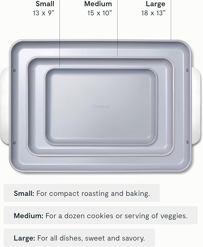 Caraway Non-Stick Ceramic Baking Sheet Trio - Naturally Slick Ceramic Coating - Non-Toxic, PTFE & PFOA Free - 18 x 13" Large, 15 x 10" Medium, & 9" x 13" Small - Marigold