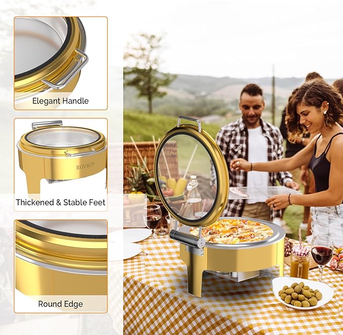 ROVSUN 6QT Gold Chafing Dishes for Buffet 3 Pack, Roll Top Chafing Dish Buffet Set, Round Chafers and Buffet Warmers Sets with Glass Lid & Serving Tong for Parties Weddings Catering Events Dinners
