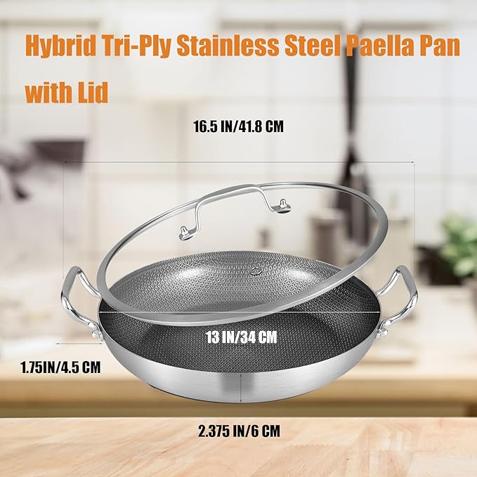 Inqibee 13-Incn Hybrid Tri-Ply Stainless Steel Ceramic Non Stick Paella Pan with Lid,Griddle,Large Skillet,Induction Cooking Pan,Dishwasher and Oven Safe