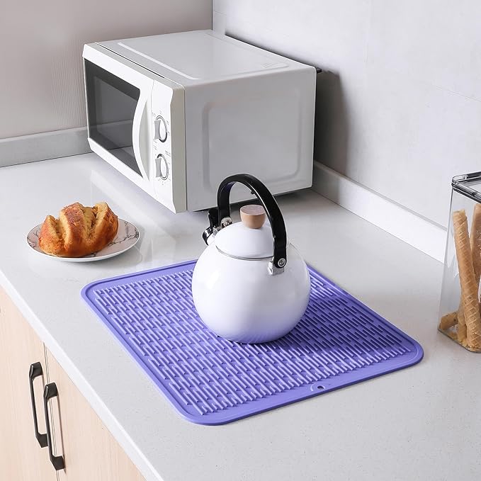 Silicone Dish Drying Mat for Multiple Usage,Easy clean,Eco-friendly,Heat-resistant Silicone Mat for Kitchen Counter or Sink,Refrigerator or Drawer Liner Light Purple 2XL 24 inches x 18 inches