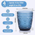 Blue Glassware set of 4, 10OZ Drinking Glasses, Blue Heavy Duty Glass Cups, Old Fashioned Glass, Embossed Glasses Set for Party Wedding Home Office Glassesware Gift