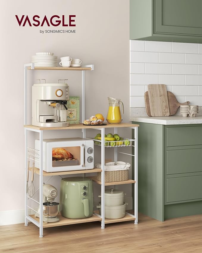 VASAGLE Baker's Rack, Microwave Stand, Kitchen Storage Rack with Wire Basket, 6 Hooks, and Shelves, for Spices, Pots, and Pans, Golden Oak and Cloud White UKKS035W09