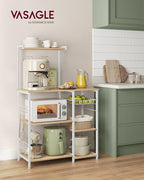 VASAGLE Baker's Rack, Microwave Stand, Kitchen Storage Rack with Wire Basket, 6 Hooks, and Shelves, for Spices, Pots, and Pans, Golden Oak and Cloud White UKKS035W09