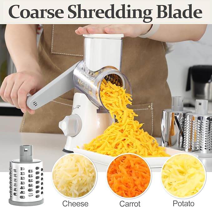 Cambom 5 in 1 Rotary Cheese Grater Hand Crank Cheese Shredder for Fresh Cheese, Vegetable, Nuts,Non-slip Suction Base, Five Blades, White