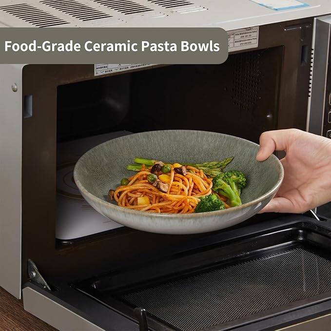Pasta Bowls of 4, 32 Oz Salad Bowls Soup Bowls, Large Pasta Serving Bowl Porcelain Pasta Plates, Wide and Deep Bowls Set Microwave & Dishwasher Safe-Gradient Green