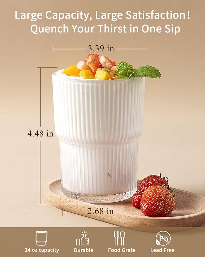 Ribbed Glassesware 14 Oz Ripple Drinking Glasses Iced Coffee Glasses Glass Cup Set Of 6 Vintage Drinking Glasses Water Glasses Fluted Glassware Cocktail Glass Cute Glass Cups