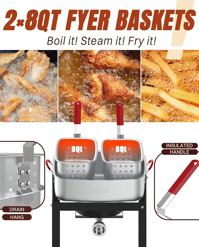 Outdoor Deep Fryer 18QT | Fish Fryer Pot with 2 * 9QT Baskets | Heat-Resistant Silicone Handles | Lid & Fryer Tong & Thermometer | For Frying Fish, French Fries, Chicken Wings | 58,000BTUs | Aluminum