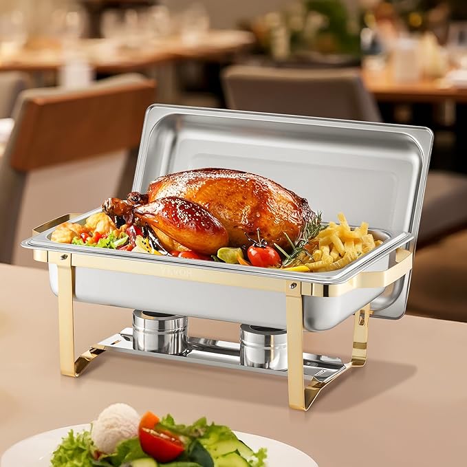 VEVOR Chafing Dish Buffet Set, 8 Qt 4 Pack, Stainless Steel Chafer with 2 Full Size and 4 Half Size Pans, Rectangle Catering Warmer Server with Lid Water Pan Stand, for Weddings Parties Banquets, Gold
