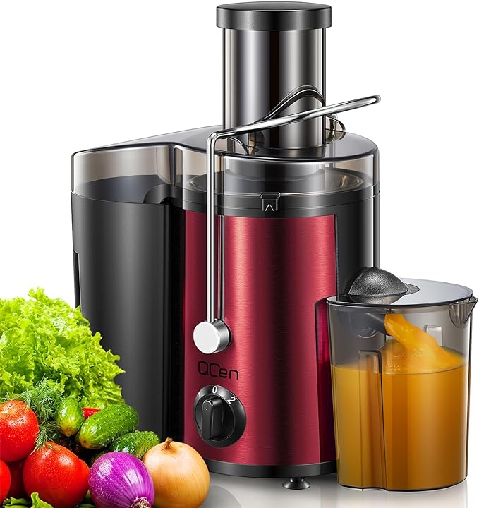 QCen Juicer Machine, 500W Centrifugal Juicer Extractor with Wide Mouth 3” Feed Chute for Fruit Vegetable, Easy to Clean, Stainless Steel, BPA-free (Metallic Red)