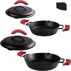 Cuisinel Cast Iron Skillet + Cast Iron Lid Set - 10+12"-Inch Dual Handle Frying Pans + Pan Scraper + Silicone Handle Covers - Preseasoned Indoor/Outdoor, Grill, Stovetop, Induction, Oven Cookware