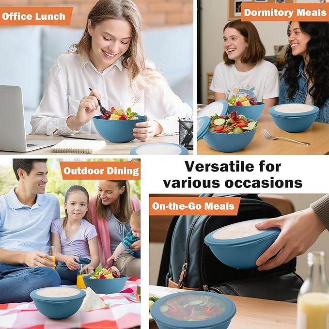 40 OZ Bowls Set of 4, Unbreakable Lightweight Bowls Set with Lid, Microwave & Dishwasher Safe Lunchable Containers, Plastic Reusable Cereal Bowl for Soup, Salad, Noodle, Snack, Fruit, Blue