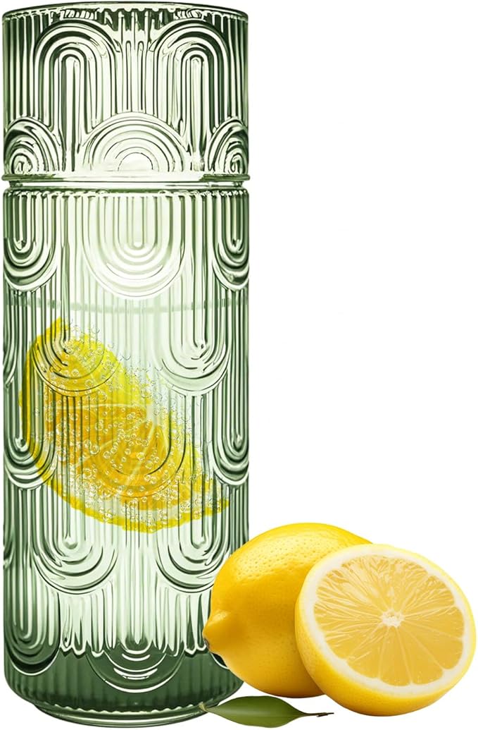 Bedside Water Carafe and Glass Set, 21.6oz Water Carafe with 6oz Glass Cup with Lid, Green