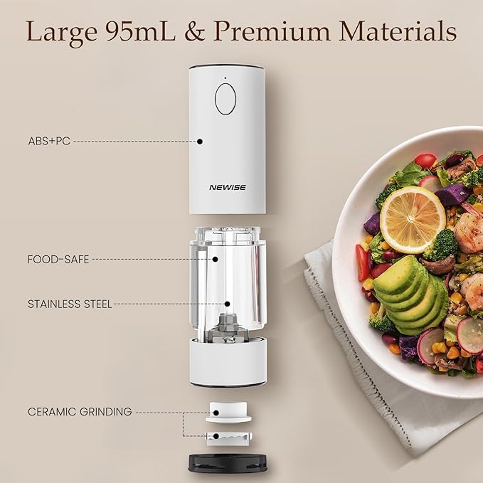 Electric Salt and Pepper Grinder Set, Rechargeable with LED Lights, Stainless Steel Automatic Pepper & Salt Mill, Adjustable Coarseness, Large Capacity, White