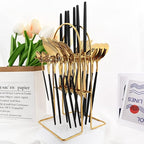 Black Gold 24Pcs Flatware Set With Stand, Lightweight Dinnerware Set Stainless Steel Cutlery With Black handles For Home Kitchen Wedding Party And Daily Use,Service For 6, Mirror Polish