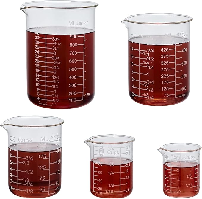 Ackers Etching Scale Glass Measuring Cup Set-V-Shaped Spout,Includes 60ml(2OZ), 120ml(4OZ), 250ml(8OZ), 500ml(16OZ), and 1000ml (32OZ) for Kitchen or Restaurant, Easy to Read