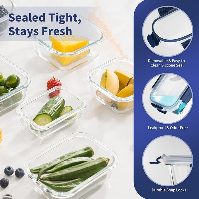 30 Pieces Glass Food Storage Containers with Snap Locking Lids,Glass Meal Prep Containers Set - Airtight Lunch Containers, Microwave, Oven, Freezer and Dishwasher BLUE