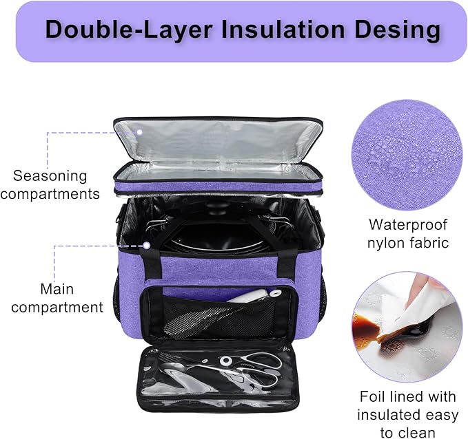 Slow Cooker Carrying Bag, Double Layer Insulated Design Slow Cooker Carrier with Removable Hard Liner and Pot Lid Fastener Fit for 6-8 Quart Crock Pot, Purple