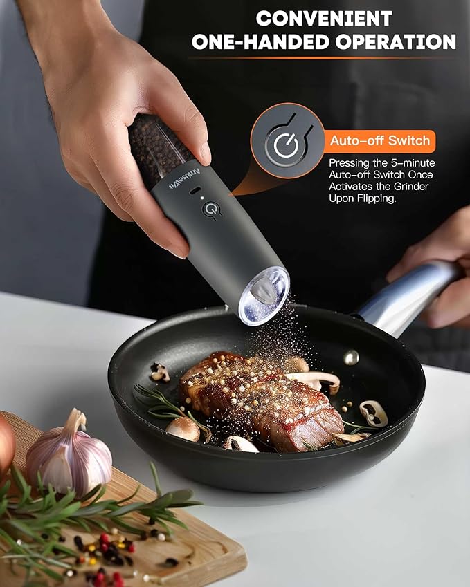 AmuseWit Gravity Electric Salt and Pepper Grinder Set [White Light] USB Rechargeable Automatic Pepper and Salt Mills,Adjustable Coarseness,One-Handed Operation,Cool Gray