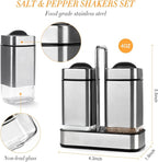 Salt and Pepper Shakers Set with Holder-Stainless Steel Salt Shaker with Adjustable Pour Holes-Set of 2 by Aelga