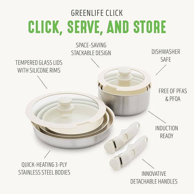 GreenLife Stainless Steel Nonstick 10 Piece Cookware Set, Detachable Handle, Induction Ready, Stackable Kitchen Set, Tri Ply Ceramic PFAS Free Pots & Pans, Space Saving, Oven Safe, Glass Lid, Silver